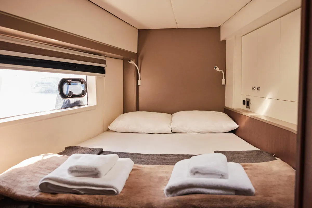 Cabin on Ediba Toddler, a Bali 4.2 catamaran at Marmaris, Turkey