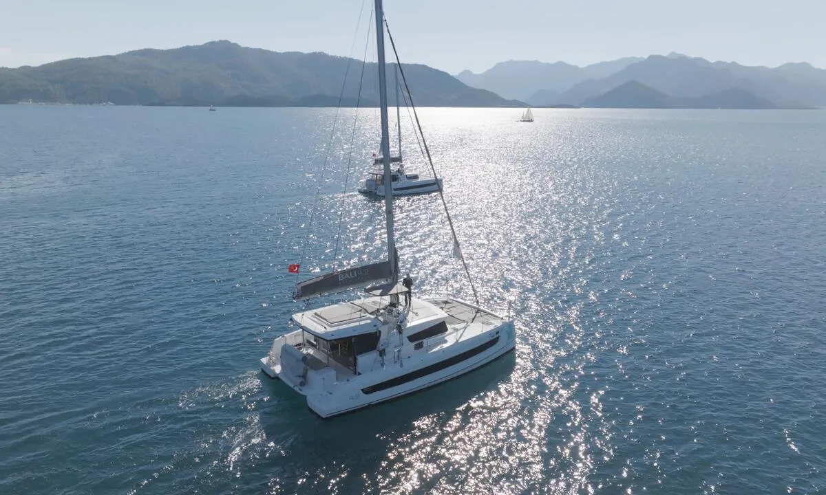 Exterior view of Ediba Toddler, a Bali 4.2 catamaran at Marmaris, Turkey