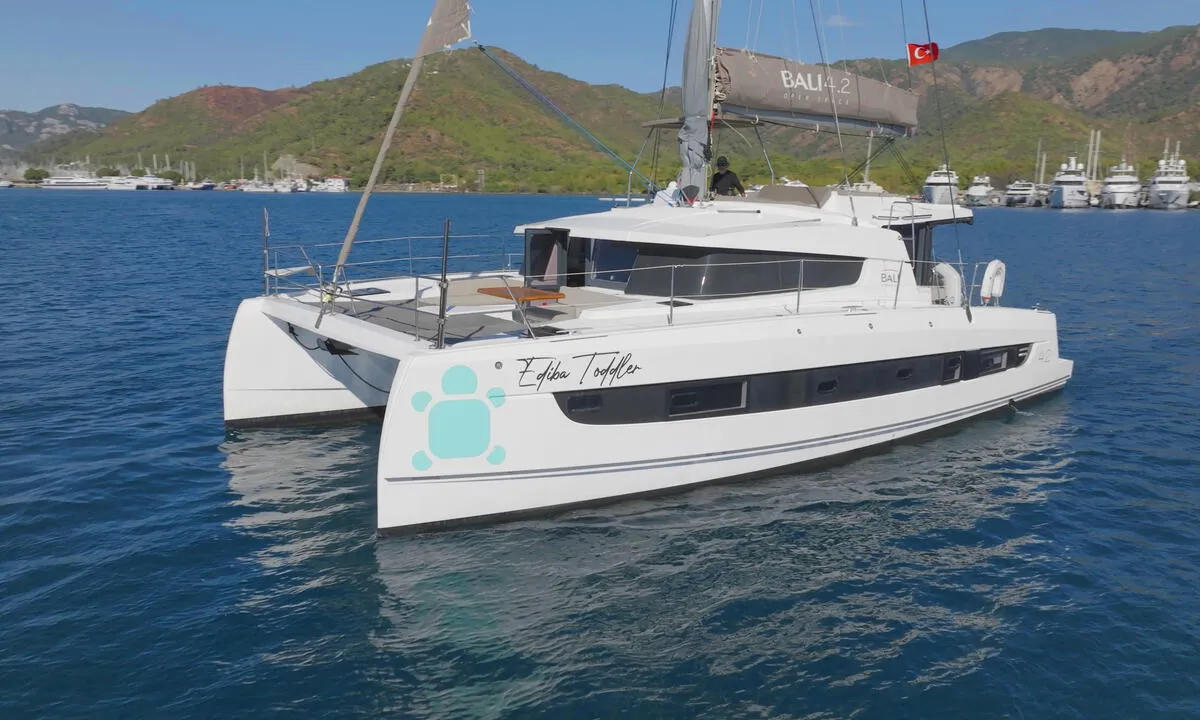 Exterior view of Ediba Toddler, a Bali 4.2 catamaran at Marmaris, Turkey