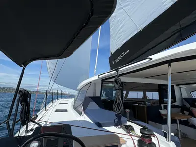 Deck of Good Vibes, a Nautitech 48 Open catamaran at Cogolin, France