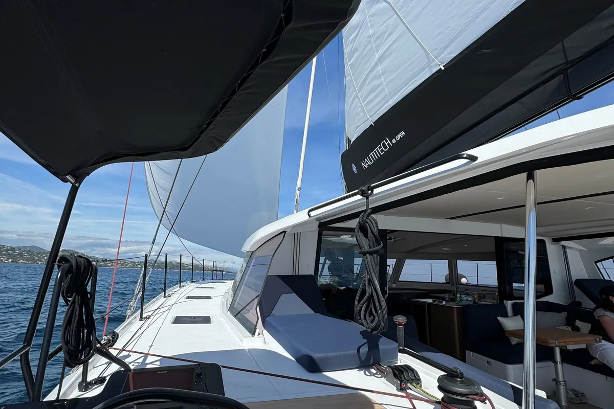 Deck of Good Vibes, a Nautitech 48 Open catamaran at Cogolin, France