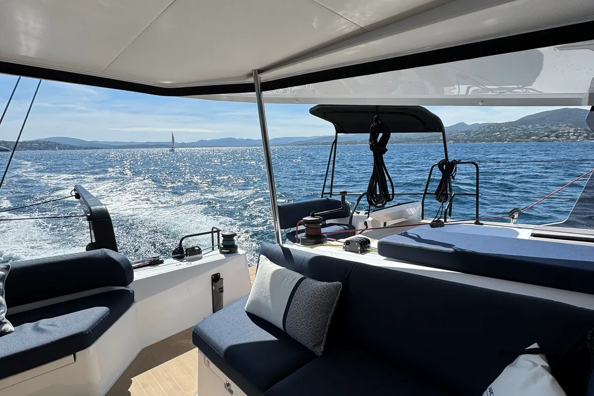 Deck of Good Vibes, a Nautitech 48 Open catamaran at Cogolin, France