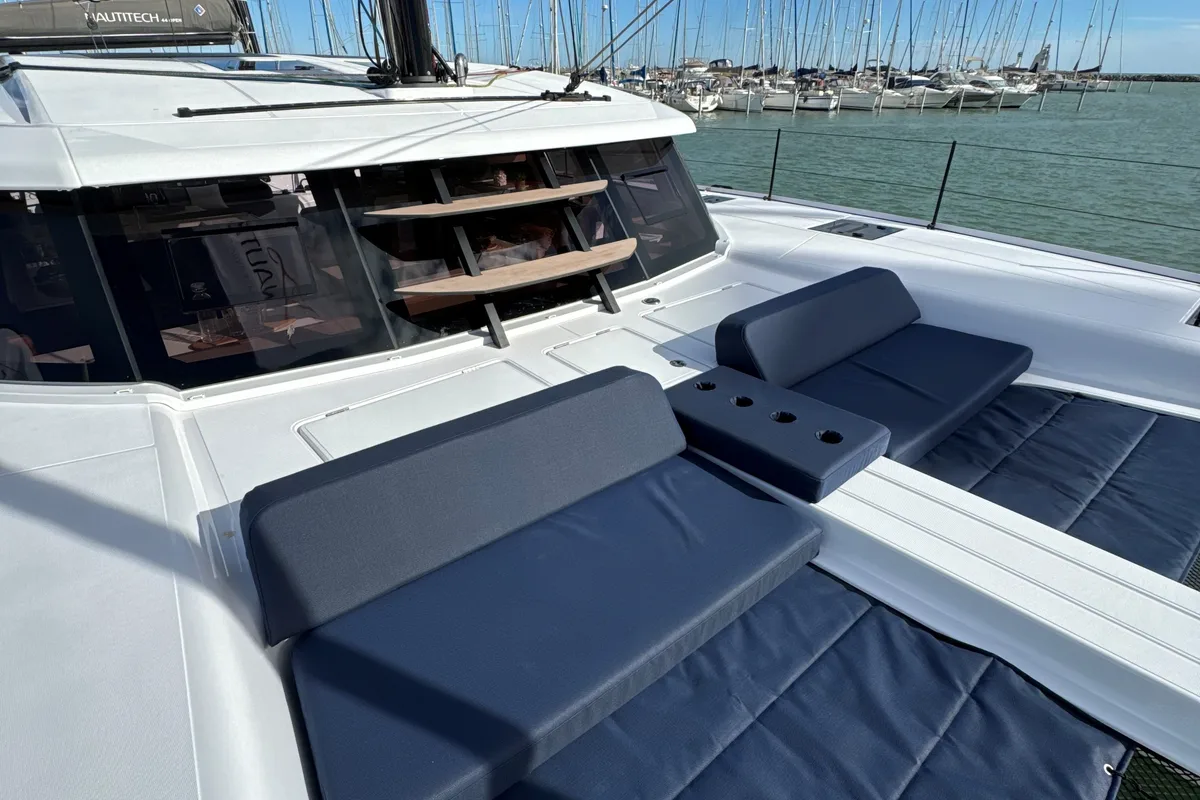 Deck of Good Vibes, a Nautitech 48 Open catamaran at Cogolin, France