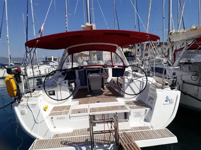 Cockpit of Parija II, a Beneteau Oceanis 45 sailboat at Split, Croatia