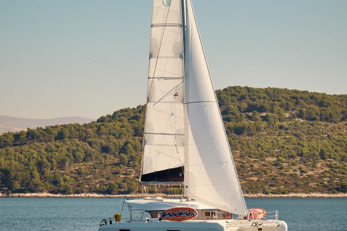 Exterior view of Arielle, a Lagoon 42 catamaran at Trogir, Croatia