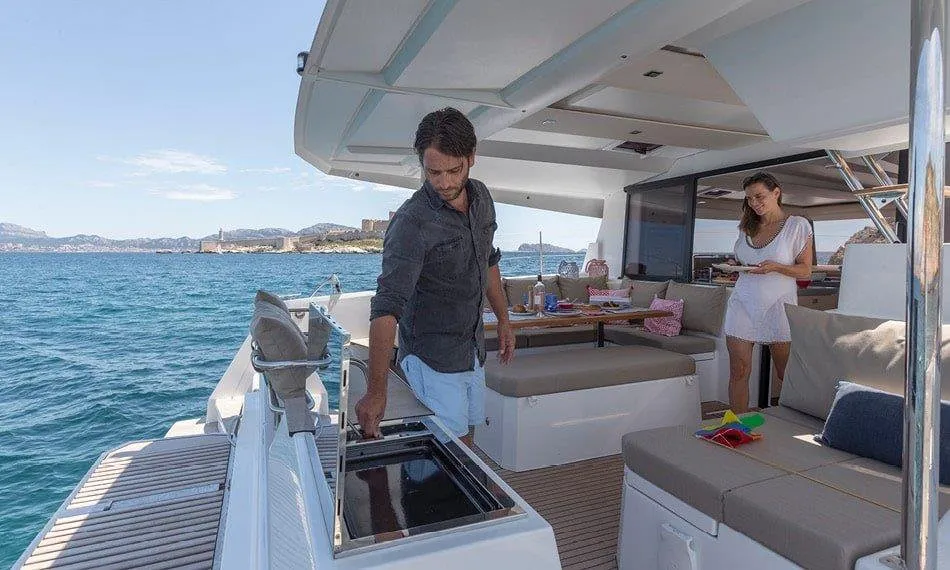 Deck of Vida, a Fountaine Pajot Astrea 42 catamaran at Road Town, British Virgin Islands