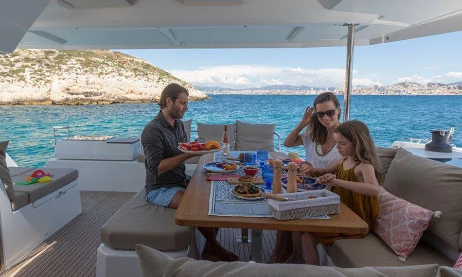 Deck of Vida, a Fountaine Pajot Astrea 42 catamaran at Road Town, British Virgin Islands