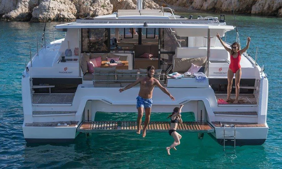 Exterior view of Vida, a Fountaine Pajot Astrea 42 catamaran at Road Town, British Virgin Islands