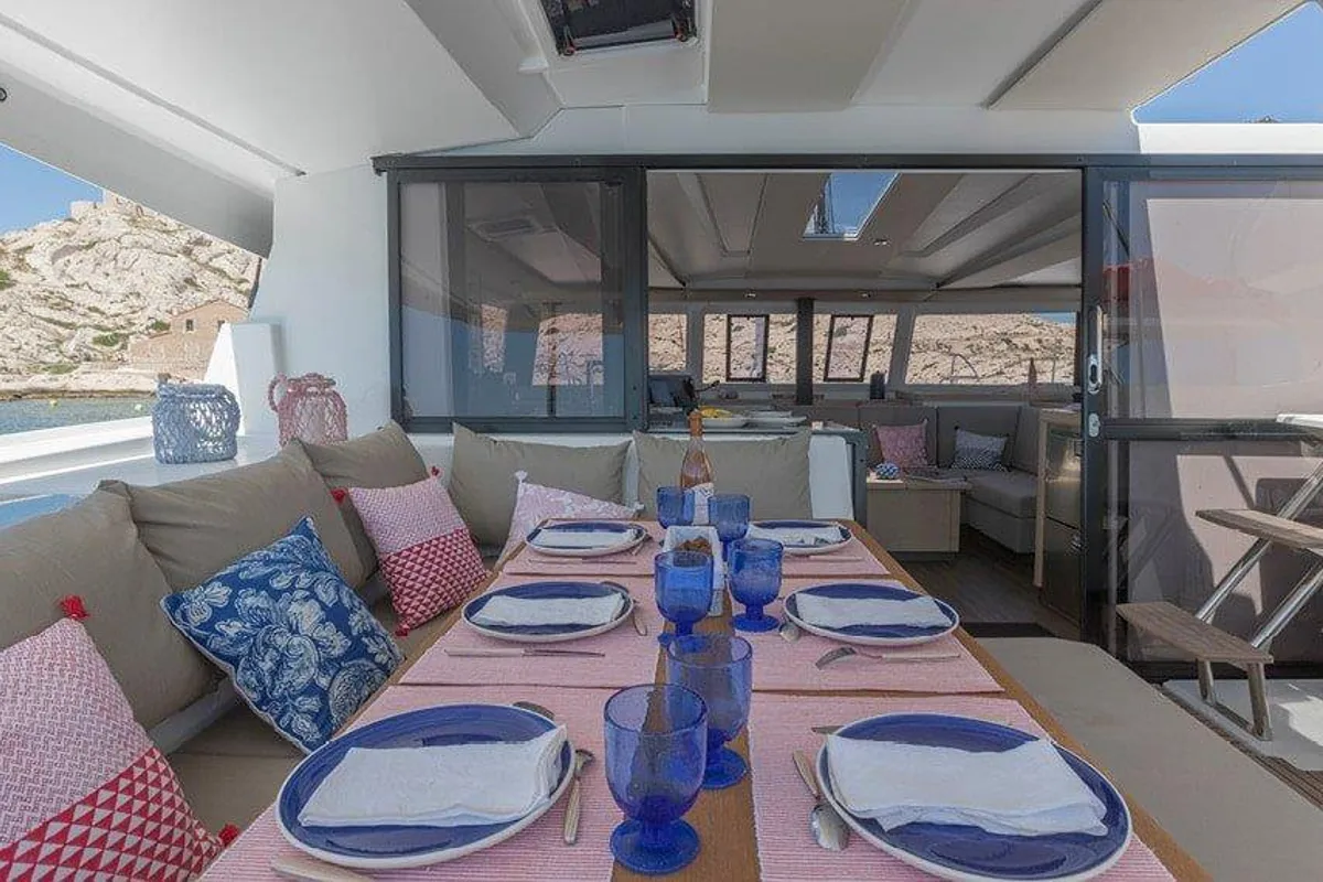 Deck of Vida, a Fountaine Pajot Astrea 42 catamaran at Road Town, British Virgin Islands