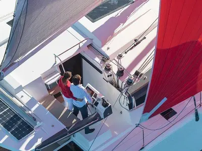 Cockpit of Vida, a Fountaine Pajot Astrea 42 catamaran at Road Town, British Virgin Islands