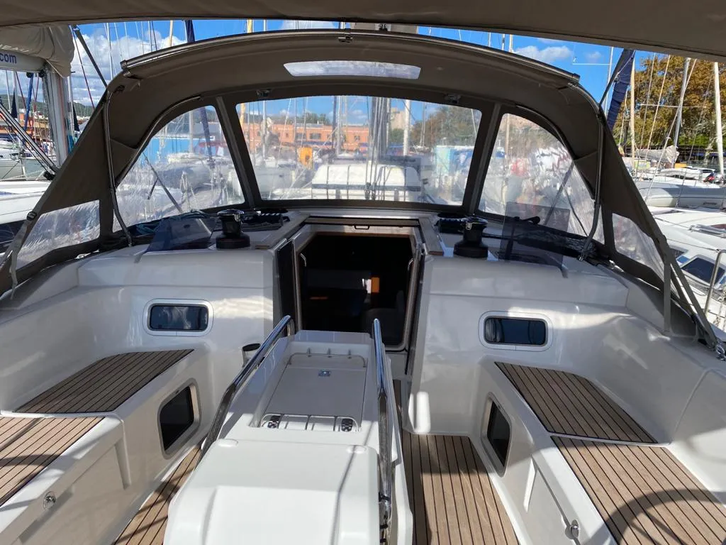Deck of Alboran Pacharan (Majorca), a Jeanneau Sun Odyssey 519 sailboat at es Jonquet, Spain