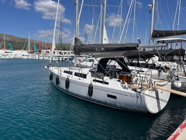 Exterior view of FuFu, a Hanse 388 sailboat at Seget Donji, Croatia