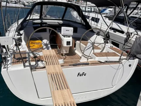 Cockpit of FuFu, a Hanse 388 sailboat at Seget Donji, Croatia