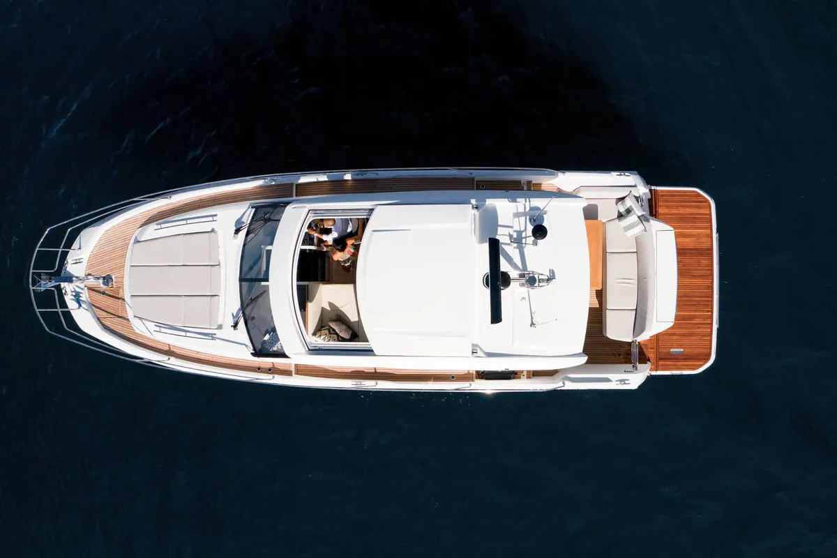 Exterior view of Majabell II, a Jeanneau Prestige 420S motor yacht at Grad Trogir, Croatia