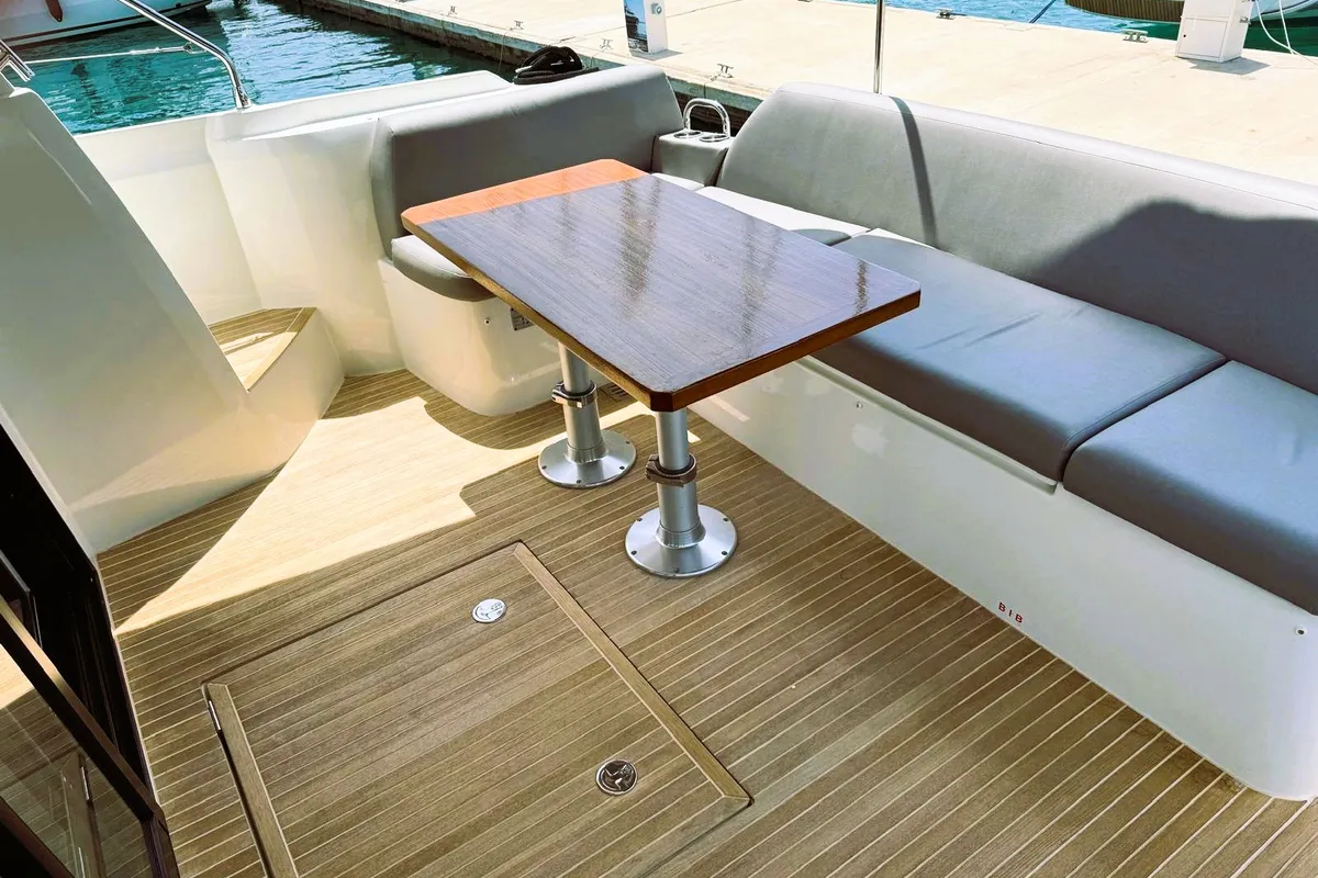 Deck of Majabell II, a Jeanneau Prestige 420S motor yacht at Grad Trogir, Croatia