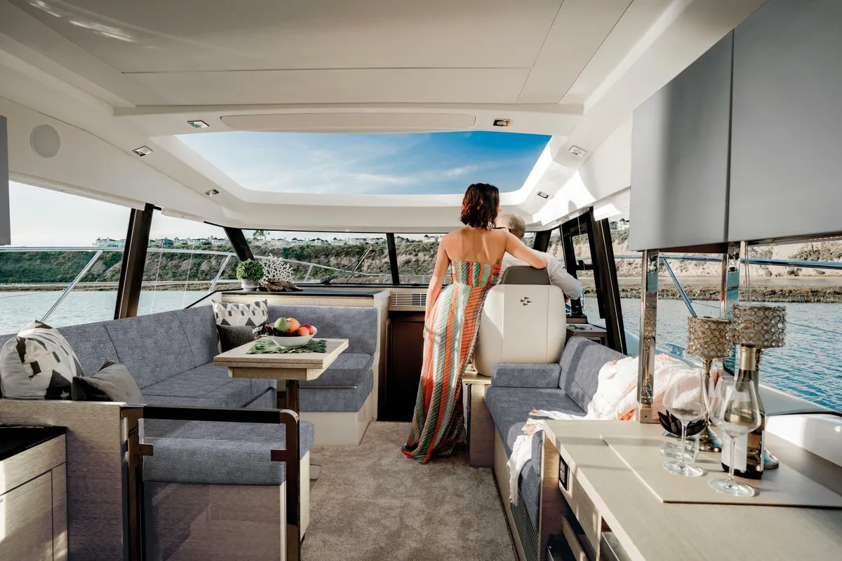 Salon of Majabell II, a Jeanneau Prestige 420S motor yacht at Grad Trogir, Croatia