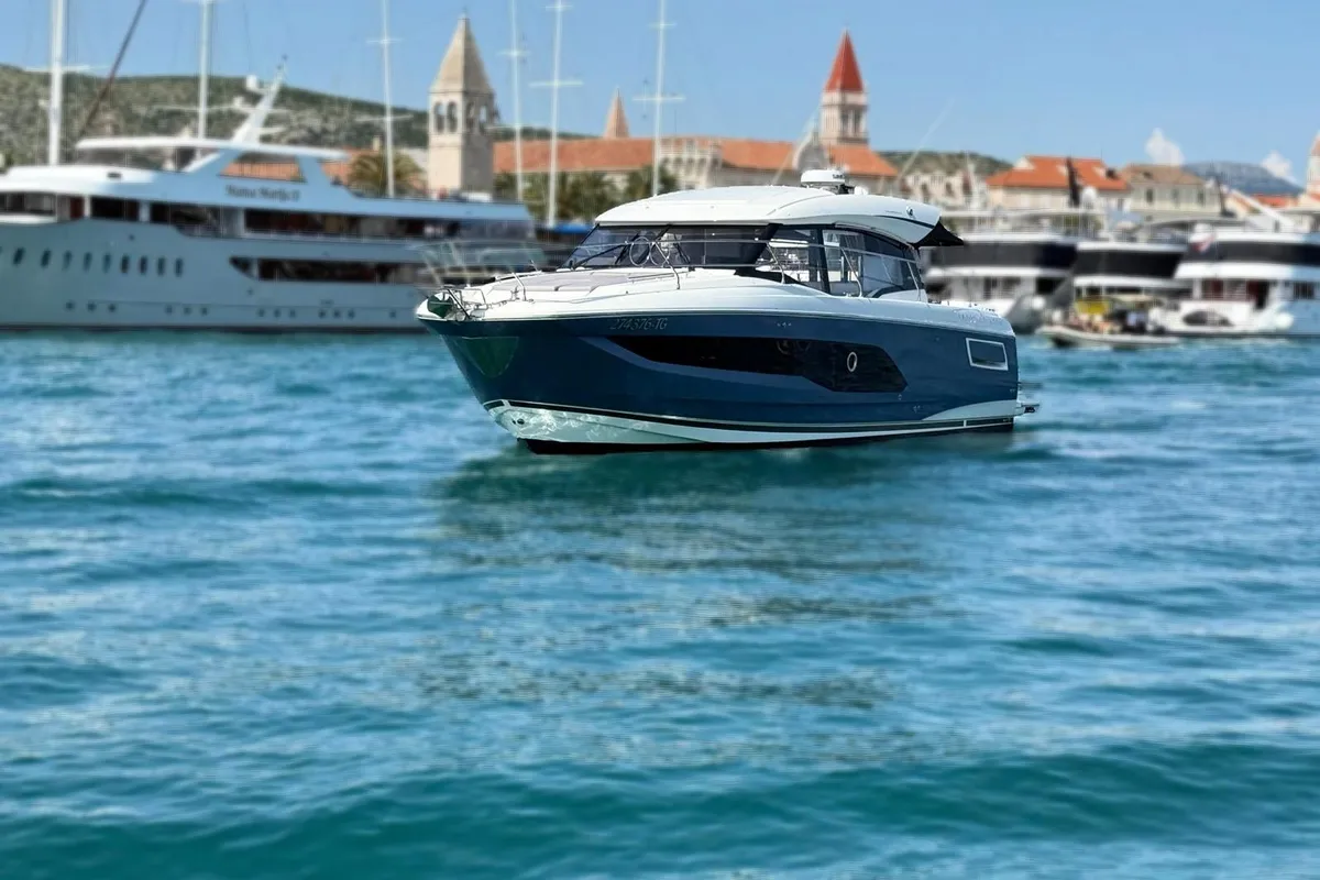 Exterior view of Majabell II, a Jeanneau Prestige 420S motor yacht at Grad Trogir, Croatia