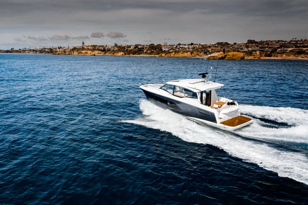 Exterior view of Majabell II, a Jeanneau Prestige 420S motor yacht at Grad Trogir, Croatia