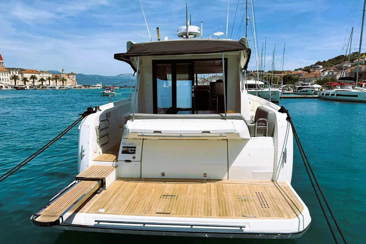 Deck of Majabell II, a Jeanneau Prestige 420S motor yacht at Grad Trogir, Croatia