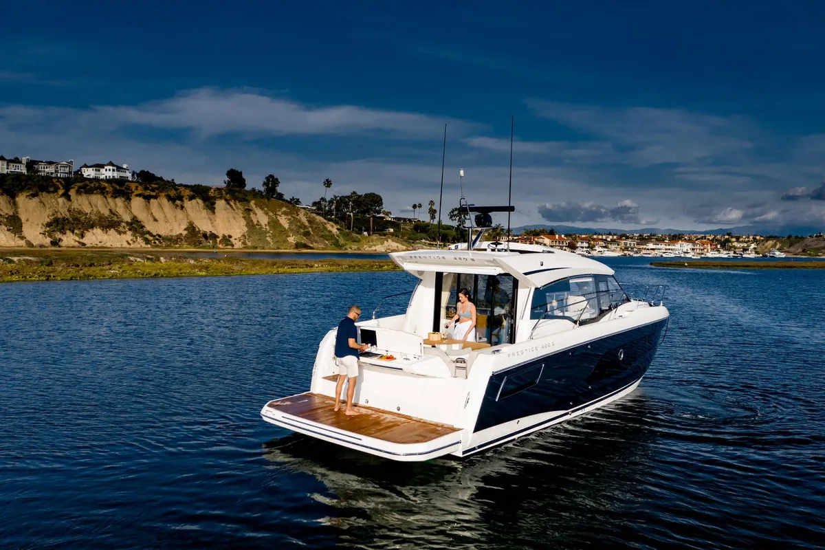 Exterior view of Majabell II, a Jeanneau Prestige 420S motor yacht at Grad Trogir, Croatia