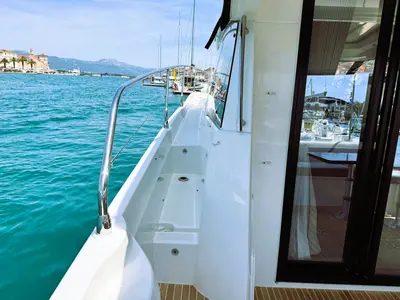 Deck of Majabell II, a Jeanneau Prestige 420S motor yacht at Grad Trogir, Croatia