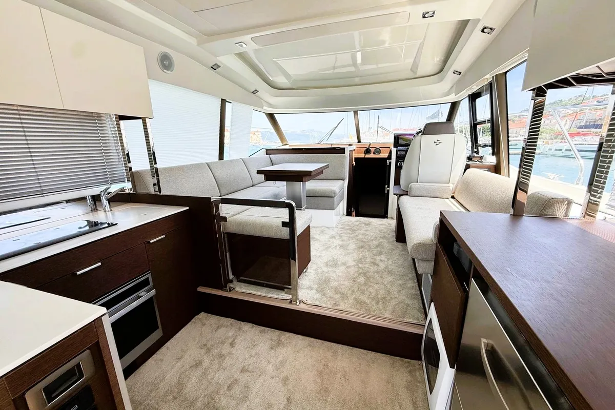 Salon of Majabell II, a Jeanneau Prestige 420S motor yacht at Grad Trogir, Croatia