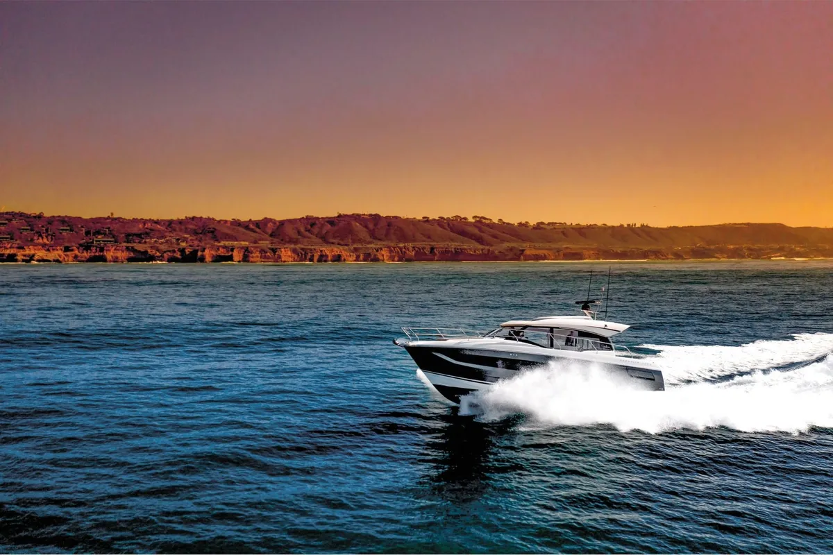 Exterior view of Majabell II, a Jeanneau Prestige 420S motor yacht at Grad Trogir, Croatia