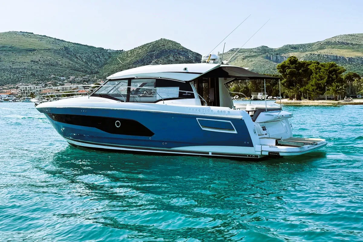 Exterior view of Majabell II, a Jeanneau Prestige 420S motor yacht at Grad Trogir, Croatia