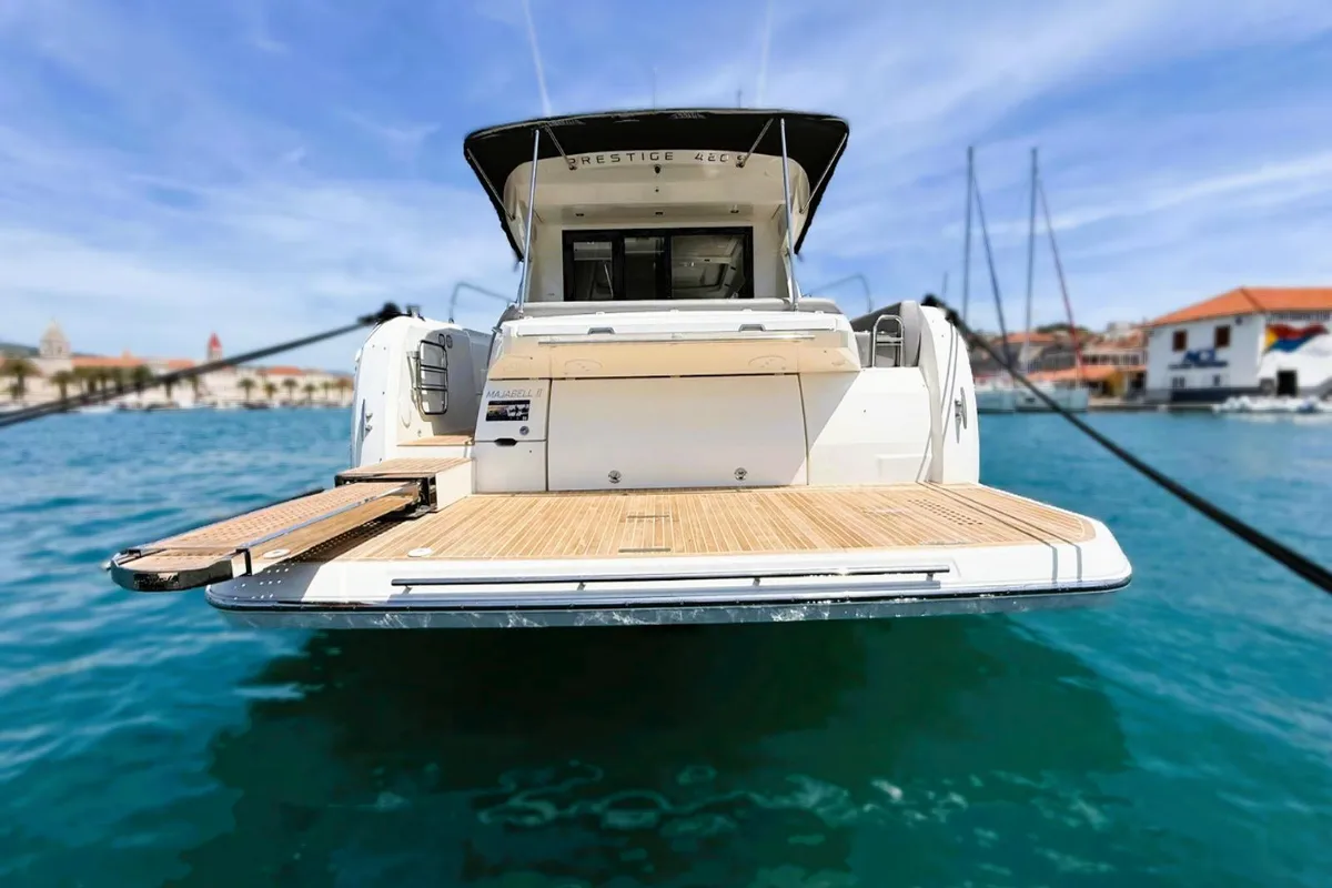 Deck of Majabell II, a Jeanneau Prestige 420S motor yacht at Grad Trogir, Croatia