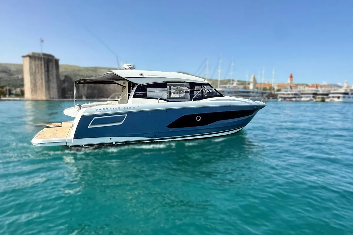 Exterior view of Majabell II, a Jeanneau Prestige 420S motor yacht at Grad Trogir, Croatia