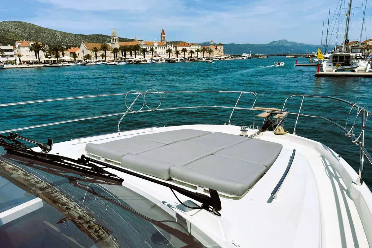 Deck of Majabell II, a Jeanneau Prestige 420S motor yacht at Grad Trogir, Croatia