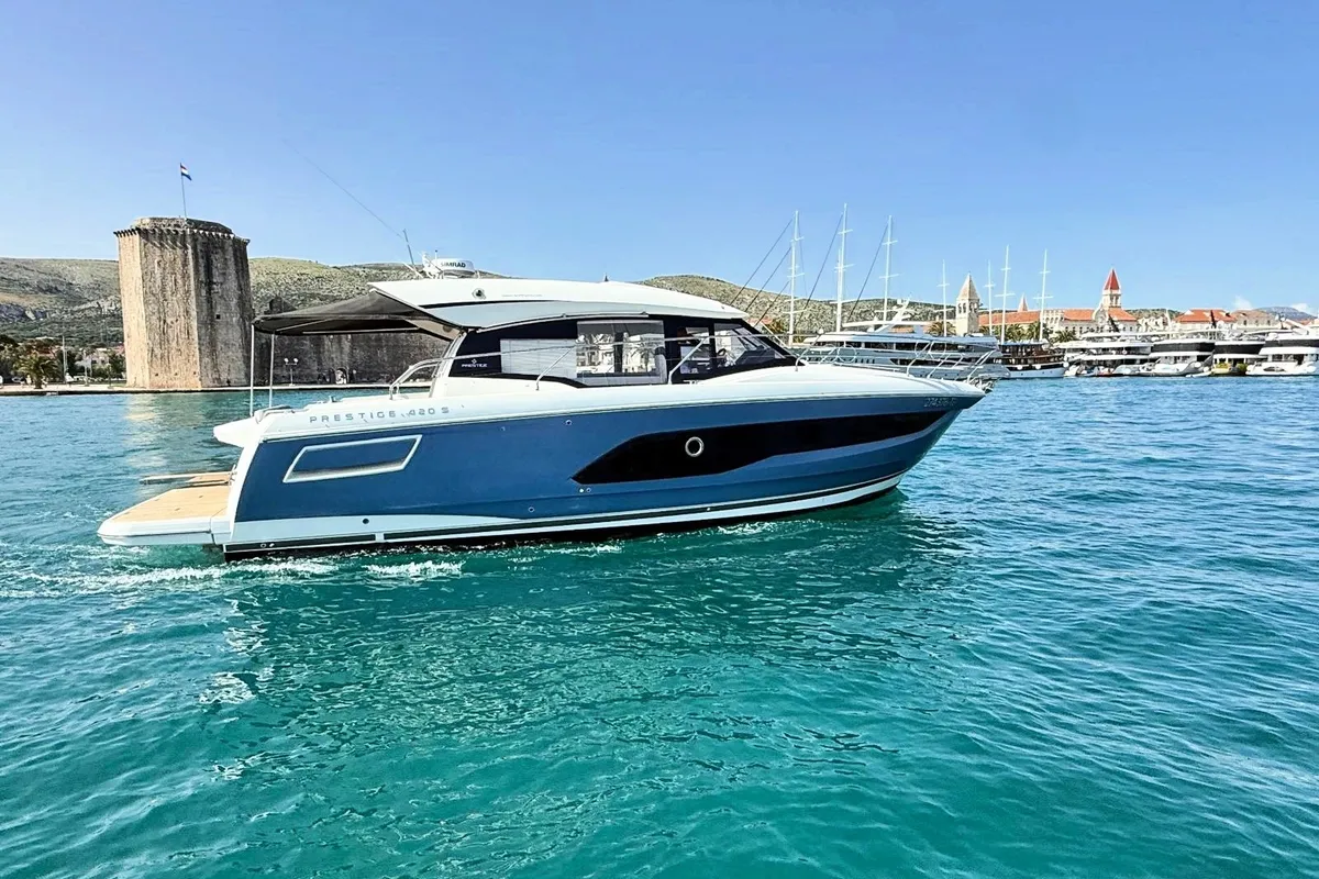 Exterior view of Majabell II, a Jeanneau Prestige 420S motor yacht at Grad Trogir, Croatia