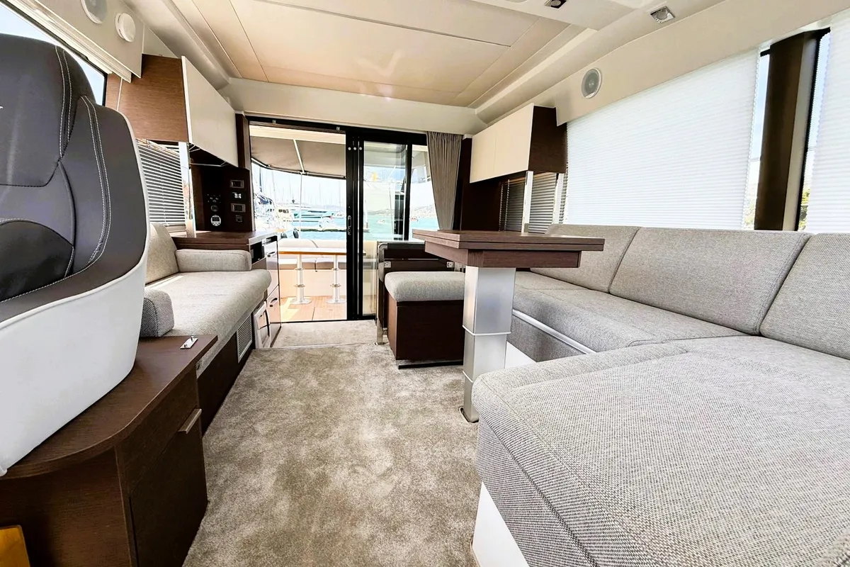 Salon of Majabell II, a Jeanneau Prestige 420S motor yacht at Grad Trogir, Croatia
