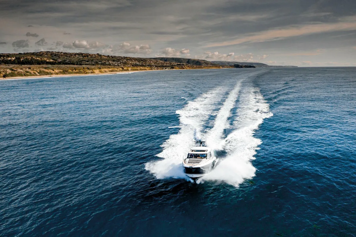 Exterior view of Majabell II, a Jeanneau Prestige 420S motor yacht at Grad Trogir, Croatia