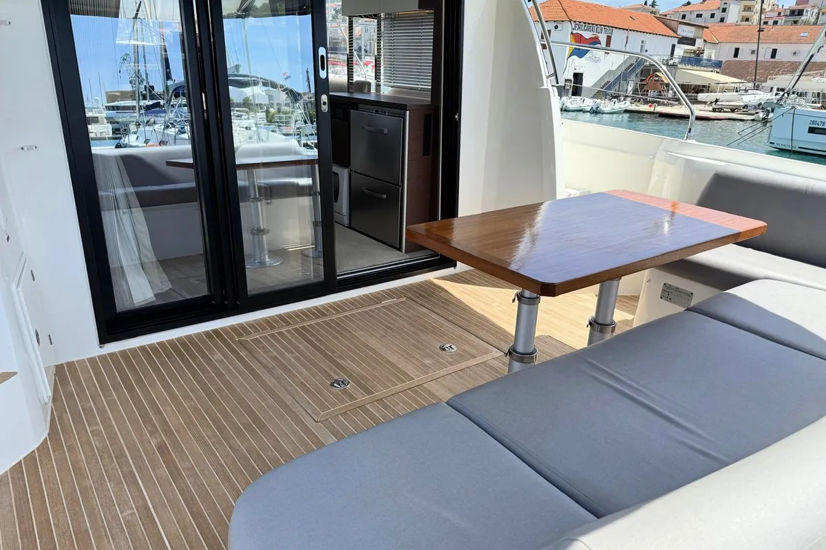 Deck of Majabell II, a Jeanneau Prestige 420S motor yacht at Grad Trogir, Croatia