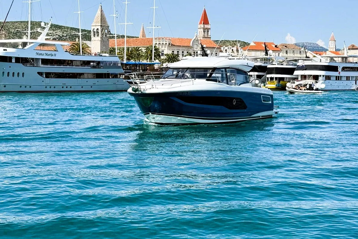 Exterior view of Majabell II, a Jeanneau Prestige 420S motor yacht at Grad Trogir, Croatia