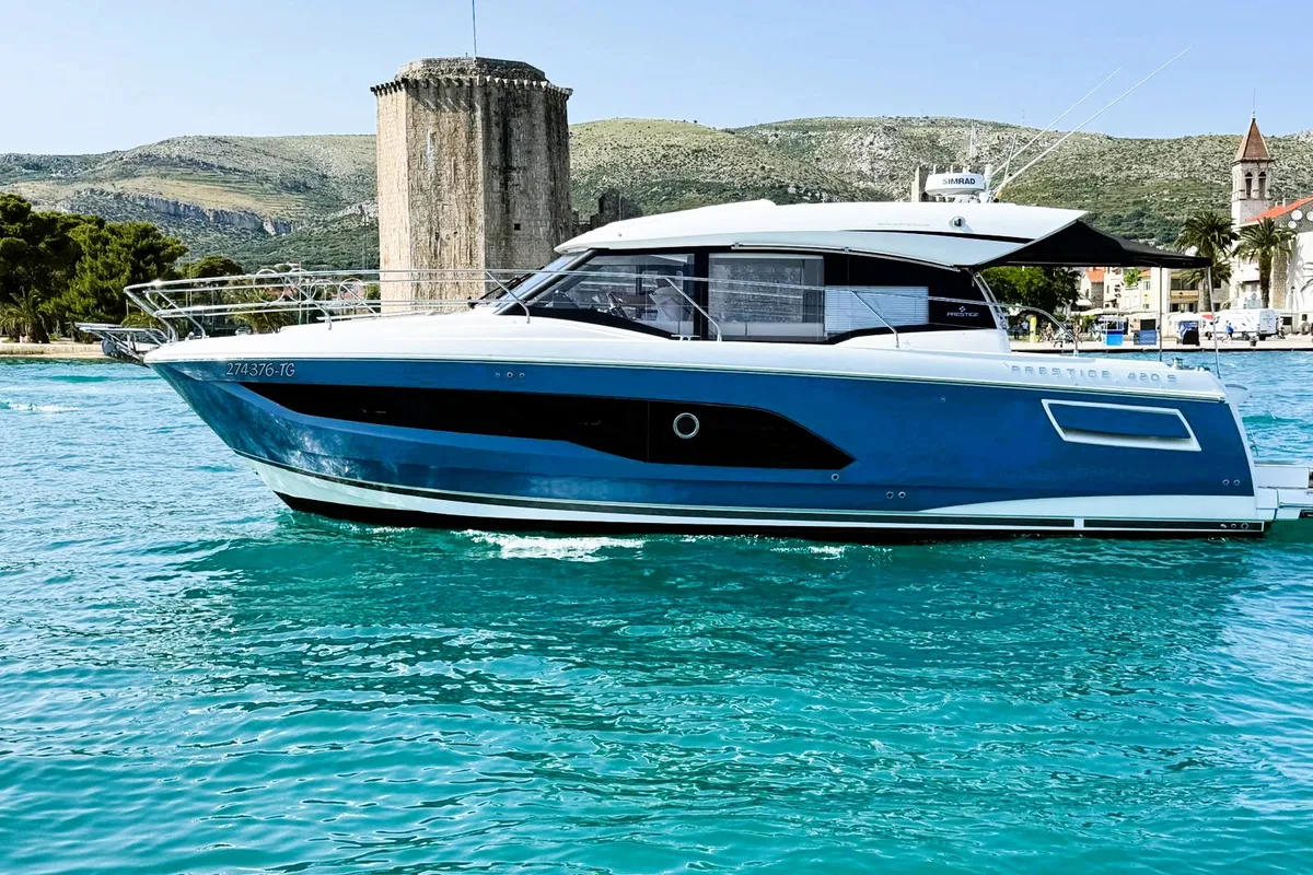 Exterior view of Majabell II, a Jeanneau Prestige 420S motor yacht at Grad Trogir, Croatia