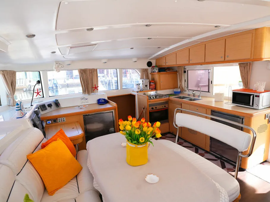 Salon of Marlin, a Lagoon 440 catamaran at Naples, Italy