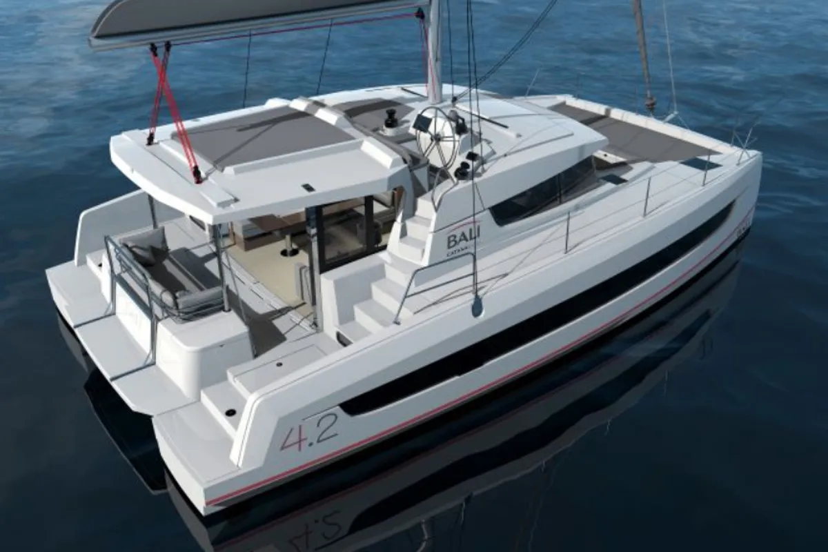 Exterior view of Julia, a Bali 4.2 catamaran at Lavreotiki Municipal Unit, Greece