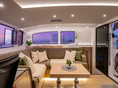Salon of Sophia, a Outremer 52 catamaran at Central Abaco, Bahamas