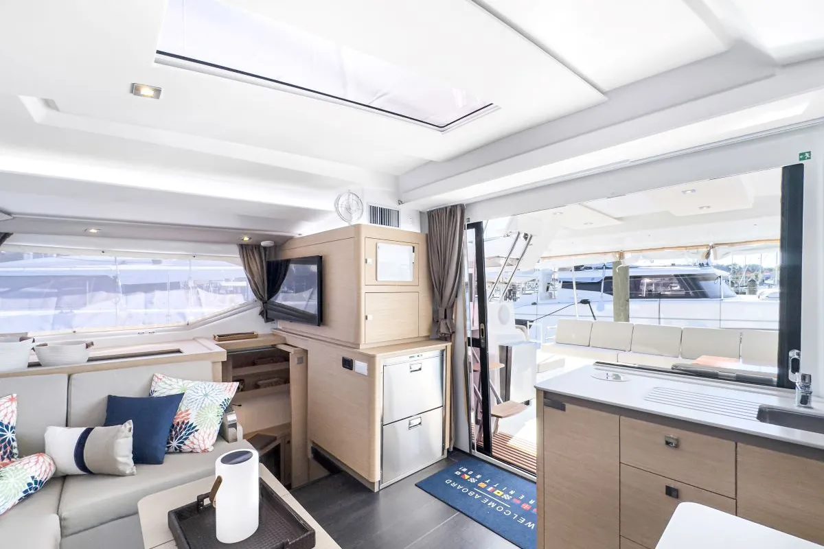 Salon of Serenity Now, a Fountaine Pajot Astrea 42 Maestro catamaran at Road Town, British Virgin Islands
