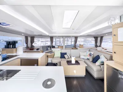 Salon of Serenity Now, a Fountaine Pajot Astrea 42 Maestro catamaran at Road Town, British Virgin Islands