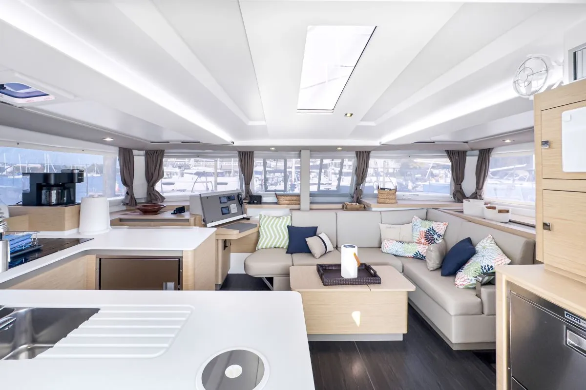 Salon of Serenity Now, a Fountaine Pajot Astrea 42 Maestro catamaran at Road Town, British Virgin Islands
