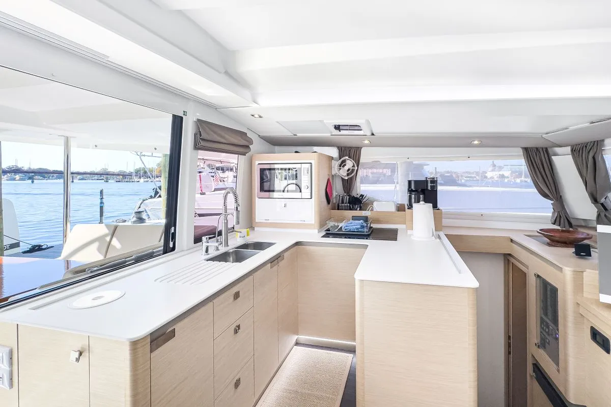 Galley of Serenity Now, a Fountaine Pajot Astrea 42 Maestro catamaran at Road Town, British Virgin Islands