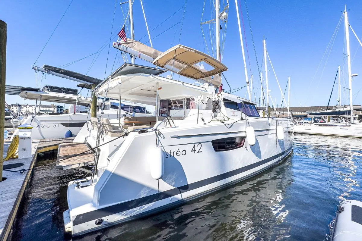 Exterior view of Serenity Now, a Fountaine Pajot Astrea 42 Maestro catamaran at Road Town, British Virgin Islands
