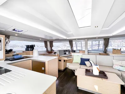 Galley of Serenity Now, a Fountaine Pajot Astrea 42 Maestro catamaran at Road Town, British Virgin Islands