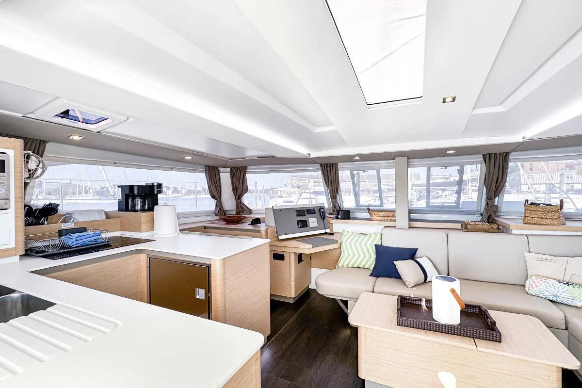 Galley of Serenity Now, a Fountaine Pajot Astrea 42 Maestro catamaran at Road Town, British Virgin Islands