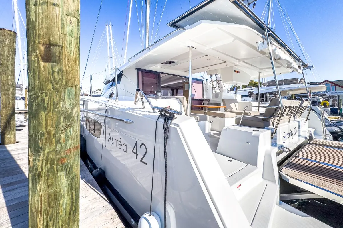 Exterior view of Serenity Now, a Fountaine Pajot Astrea 42 Maestro catamaran at Road Town, British Virgin Islands