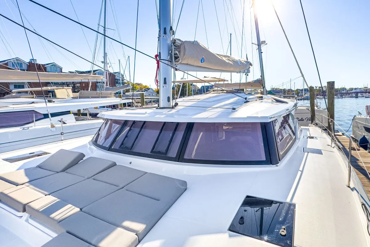 Deck of Serenity Now, a Fountaine Pajot Astrea 42 Maestro catamaran at Road Town, British Virgin Islands