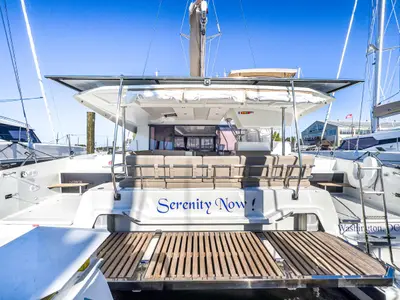 Deck of Serenity Now, a Fountaine Pajot Astrea 42 Maestro catamaran at Road Town, British Virgin Islands